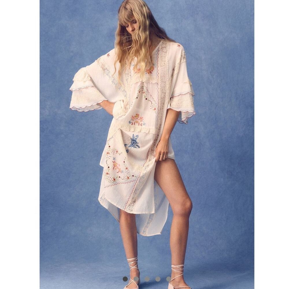 NEW By Anthropologie Embroidered Sheer Kaftan Dress One Size Color: Ivory Combo